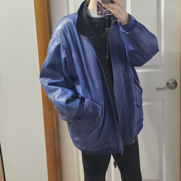 La Nouvelle Renaissance Jackets & Blazers - Vintage La Nouvelle Renaissance Playful Oversized Blue Leather Jacket  Large